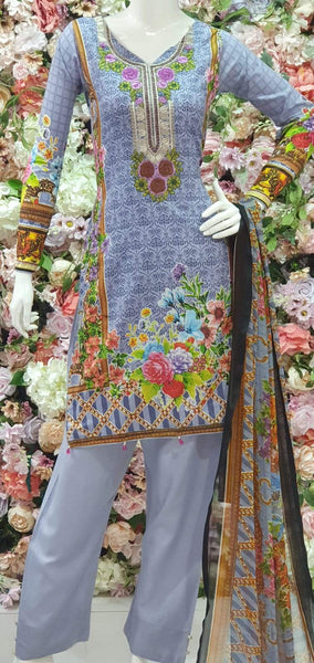 GREY PAKISTANI PRINTED LAWN READYMADE SALWAR KAMEEZ - Asian Party Wear