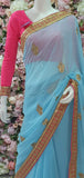 HOT PINK & BLUE ZARI EMBROIDERED INDIAN PARTY WEAR SAREE - Asian Party Wear