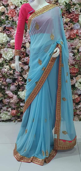 HOT PINK & BLUE ZARI EMBROIDERED INDIAN PARTY WEAR SAREE - Asian Party Wear