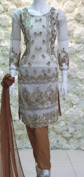 OFF WHITE BROWN GOLD ORGANZA READYMADE PAKISTANI DESIGNER SUIT - Asian Party Wear