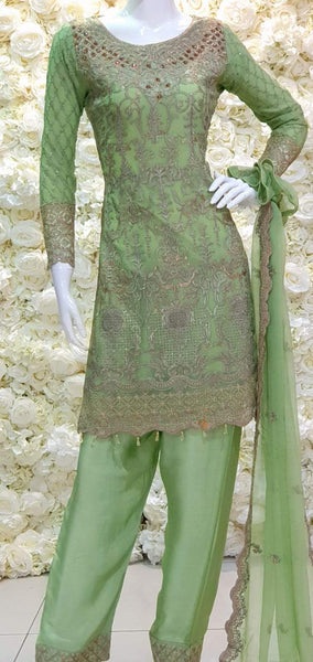 REET PISTACHIO GREEN CHIFFON EMBROIDERED READYMADE SUIT - Asian Party Wear