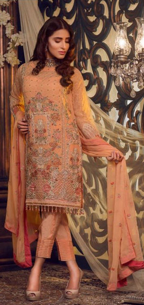 ADMIRABLE PEACH CHIFFON EMBROIDERED INDIAN READYMADE EID SUIT - Asian Party Wear