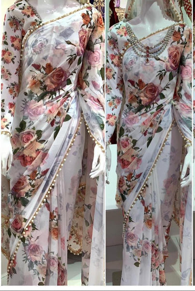 MILKY WHITE FLORAL PRINTED SAREE - Asian Party Wear