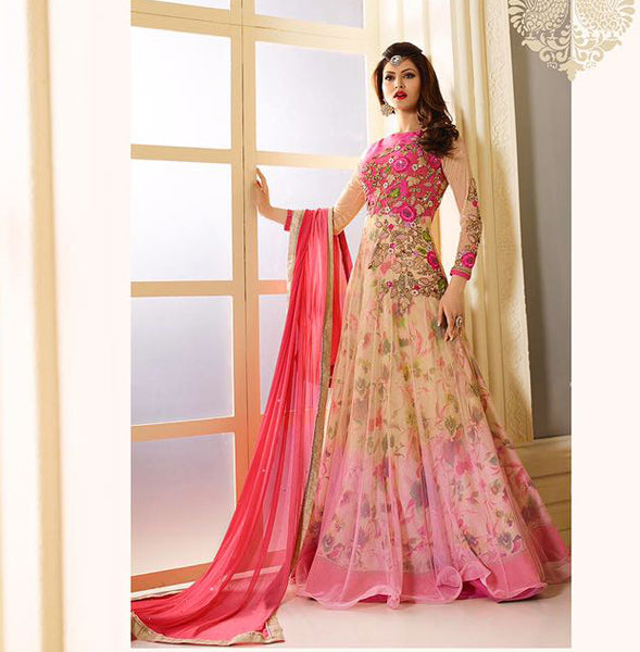 Z-304 BEIGE AND PINK ZUBEDA INDIAN DESIGNER NET AND GEORGETTE ANARKALI SUIT - Asian Party Wear