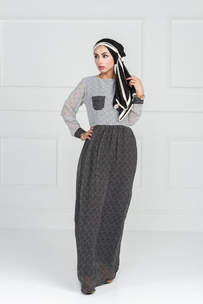 PRINTED ABAYA IN BLACK & WHITE DOT PRINT WITH FAKE POCKETS & CUFFS ON SLEEVES - Asian Party Wear