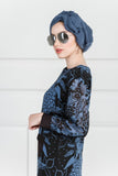 STUNNING NAVY BLUE FLORAL PRINTED ABAYA IN BOAT NECKLINE PAIRED WITH FULL SLEEVES WITH CUFFS & BUTTON - Asian Party Wear