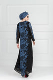 STUNNING NAVY BLUE FLORAL PRINTED ABAYA IN BOAT NECKLINE PAIRED WITH FULL SLEEVES WITH CUFFS & BUTTON - Asian Party Wear