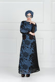 STUNNING NAVY BLUE FLORAL PRINTED ABAYA IN BOAT NECKLINE PAIRED WITH FULL SLEEVES WITH CUFFS & BUTTON - Asian Party Wear