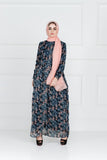 BLUE FLORAL PRINTED ABAYA IN BAN NECKLINE WITH BUTTONS ON FRONT AND PLEATS ON WAIST - Asian Party Wear