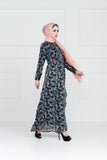 BLUE FLORAL PRINTED ABAYA IN BAN NECKLINE WITH BUTTONS ON FRONT AND PLEATS ON WAIST - Asian Party Wear