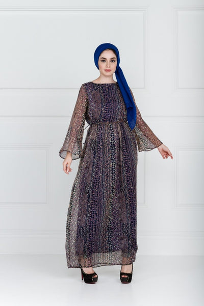 BLUE ABAYA IN PRINTED CHIFFON IN BOAT NECK PAIRED WITH BELL SLEEVES AND DETACHABLE BELT - Asian Party Wear