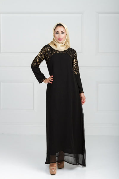 BLACK FLORAL ABAYA - Asian Party Wear