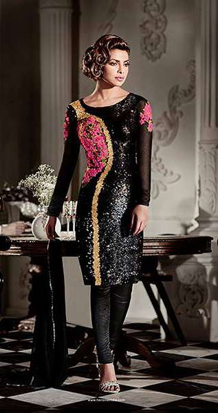 AHR5119 BLACK COLOUR HEROINE PRIYANKA CHOPRA STYLISH SEMI STITCHED DRESS - Asian Party Wear