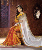 YELLOW AND WHITE DESI INDIAN DESIGNER SAREE - Asian Party Wear