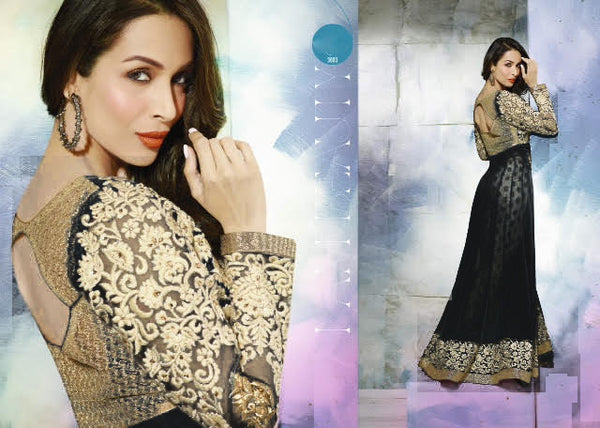 BLACK GLOSSY MALAIKA ARORA ANARKALI DRESS - Asian Party Wear