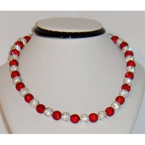 BEAUTIFUL NEW RED AND SILVER WHITE CRYSTAL NECKLACE - Asian Party Wear