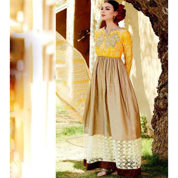 Beige and Yellow Heer By Kimora GEORGETTE Anarkali Suit - Asian Party Wear