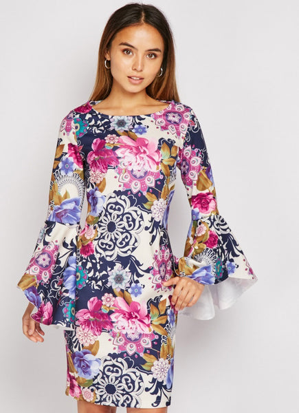 BELL SLEEVE FLORAL PRINT MINI DRESS - Asian Party Wear