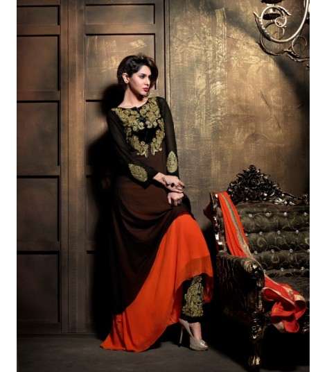 Black and Orange DEBONAIR WITH MASKEEN WEDDING WEAR DESIGNER DRESS - Asian Party Wear