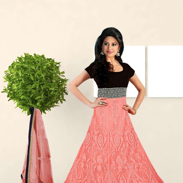 Black and Peach  Embroidered Floor Length Anarkali Suit - Asian Party Wear