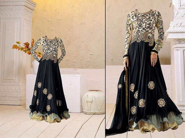 Black Georgette Floor Length Anarkali Dress - Asian Party Wear