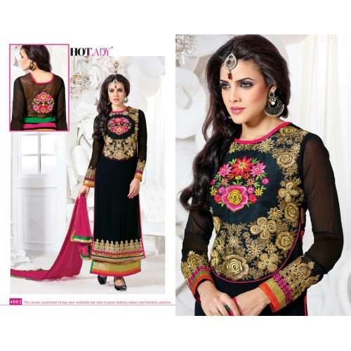 Black "HOTLADY" BY MEHZABI PARTY WEAR LONG STRAIGHT SALWAR KAMEEZ - Asian Party Wear