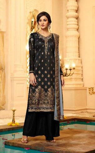 Black Banarasi Jacquard Indian Designer Party Suit Dress (2weeks delivery) - Asian Party Wear