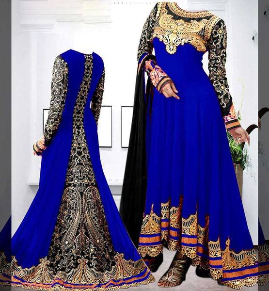 Blue and Black Georgette Floor Length Anarkali Dress - Asian Party Wear