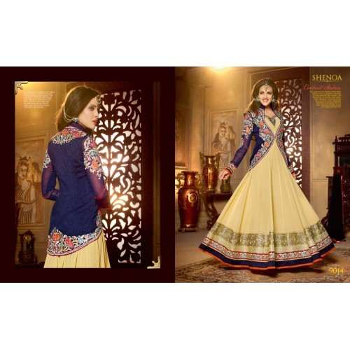 Blue and Cream SHENOA WEDDING WEAR HEAVY EMBROIDERED DESIGNER DRESS - Asian Party Wear