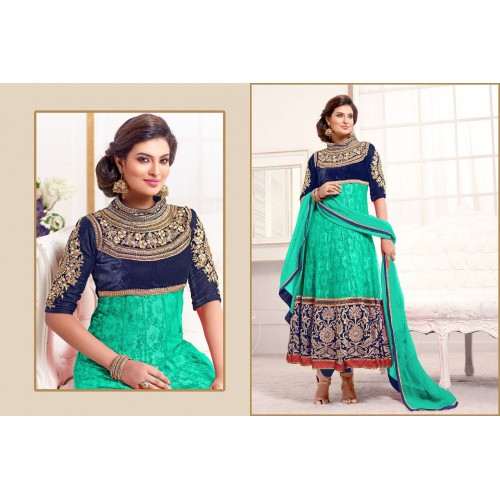 Blue and Ferozi WEDDING WEAR HEAVY EMBROIDERED ANARKALI - Asian Party Wear