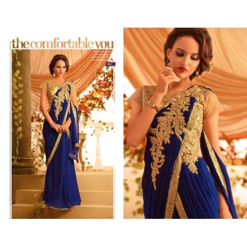 Blue and Gold GOWNS 2 WEDDING WEAR HEAVY EMBROIDERED GOWN READYMADE M/L SIZE - Asian Party Wear