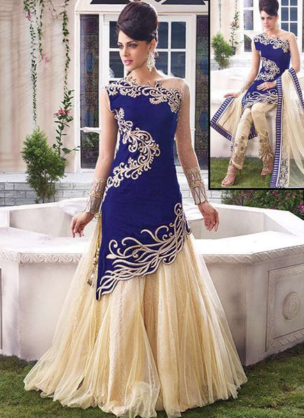 True Blue and Gold ZOYA EMPRESS SPLASH VELVET LENGHAS DRESSES (replica) two weeks delivery - Asian Party Wear