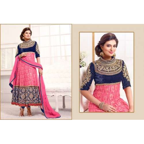 Blue and Pink WEDDING WEAR HEAVY EMBROIDERED ANARKALI - Asian Party Wear