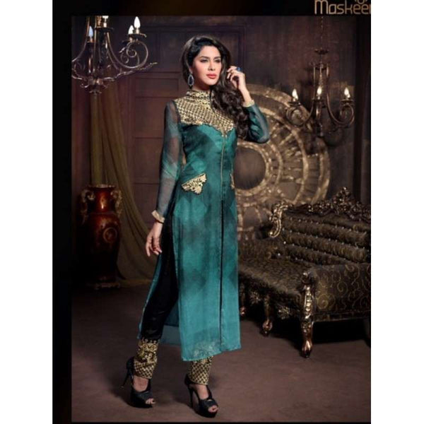 ZM20007 Blue Green With Black M20007 Maisha Maskeen Dress - Asian Party Wear