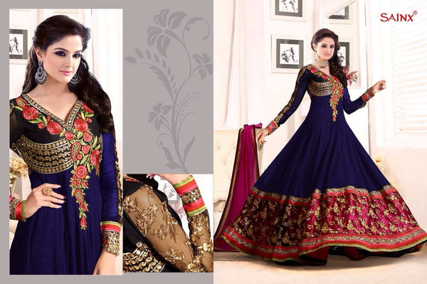 Blue SATHIYA BY SAINX DESIGNER WEAR ANARKALI SEMI STITCHED SUIT - Asian Party Wear