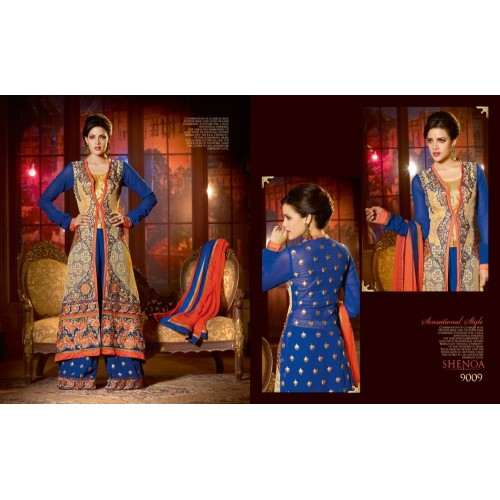 Blue SHENOA WEDDING WEAR HEAVY EMBROIDERED DESIGNER SEMI STITCHED DRESS - Asian Party Wear