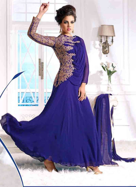 Blue WEDDING WEAR GEORGETTE & NET LONG SEMI STITCHED ANARKALI SUIT - Asian Party Wear