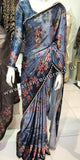 BLUE FLORAL PRINTED SATIN SAREE - Asian Party Wear