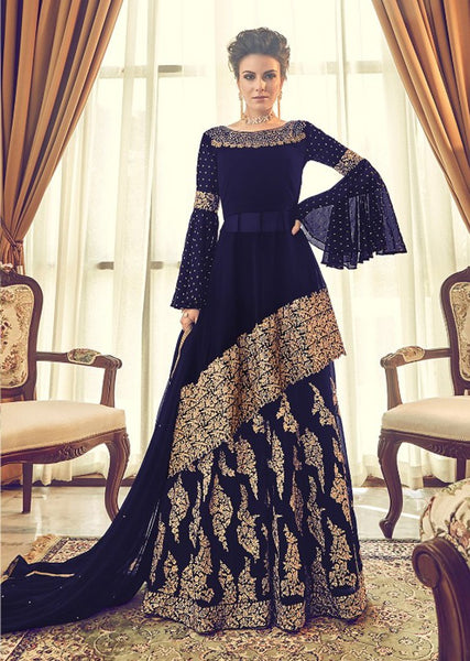 BLUE HEAVY EMBROIDERED INDIAN PAKISTANI WEDDING SHARARA LEHENGA - Asian Party Wear