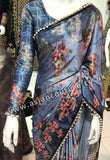 BLUE FLORAL PRINTED SATIN SAREE - Asian Party Wear