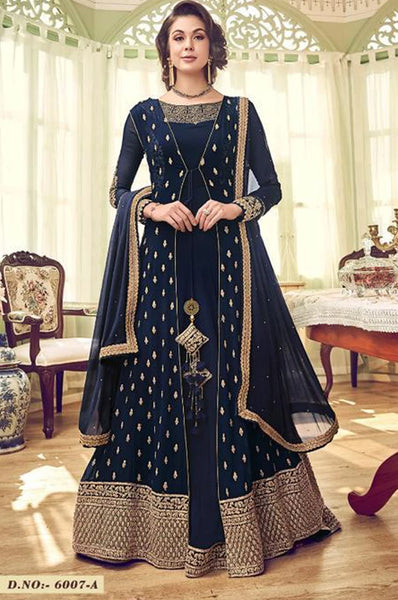 NAVY BLUE GEORGETTE INDIAN JACKET STYLE ANARKALI DRESS - Asian Party Wear