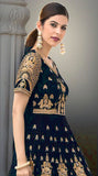 NAVY BLUE GULZAR INDIAN DESIGNER ANARKALI GOWN - Asian Party Wear