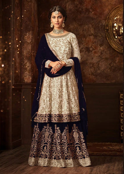 BLUE AND BEIGE INDIAN WEDDING GHARARA AND LEHENGA STYLE DRESS - Asian Party Wear