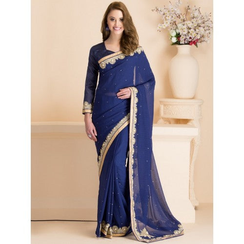 BLUE GOLD DESIGNER PARTY SAREE - Asian Party Wear