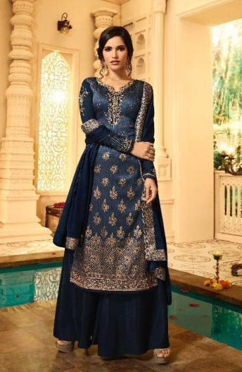 Blue Banarasi Jacquard Indian Designer Party Dress (2 Weeks Delivery) - Asian Party Wear