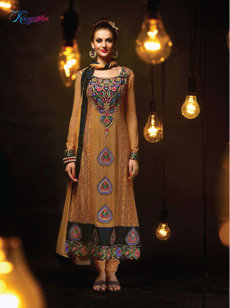 Brown RANGSUTRA PARTY WEAR GEORGETTE CHURIDAR LONG SALWAR SUIT - Asian Party Wear