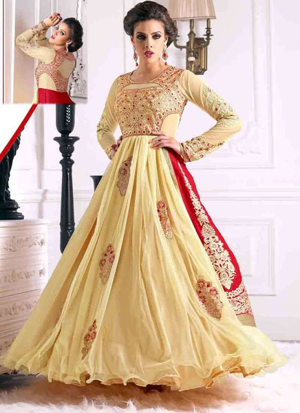 Buttercup Yellow and Red WEDDING WEAR GEORGETTE & NET LONG ANARKALI SUIT - Asian Party Wear