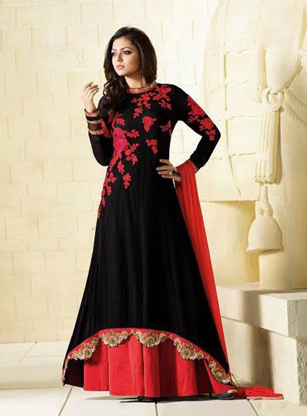 BLACK AND RED INDIAN DESIGNER LONG ANARKALI DRESS - Asian Party Wear