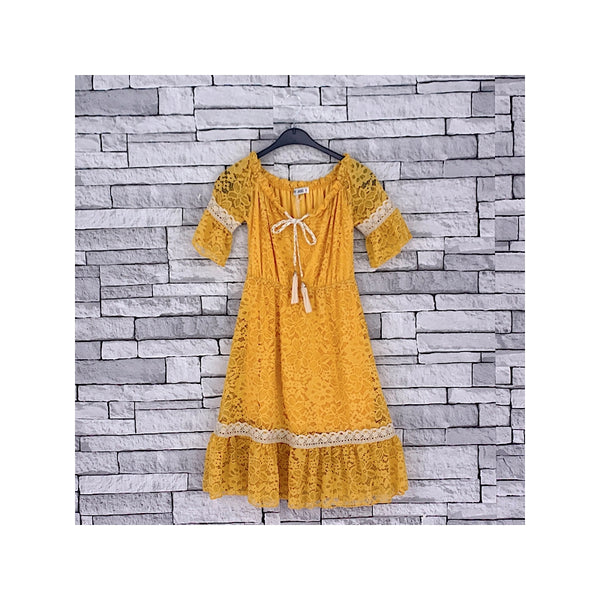 GIRLS MUSTARD GRECIAN LACE DRESS (4-14 YEARS) - Asian Party Wear