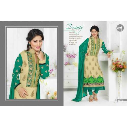 Cream with green HEENARI PARTY WEAR GEORGETTE SHALWAR SUIT - Asian Party Wear